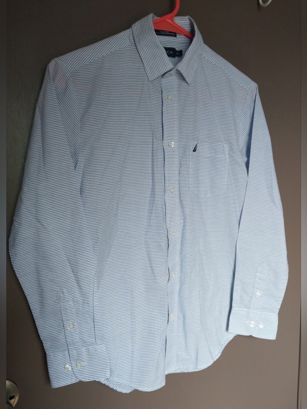 Nautica blue and white thin striped button-down shirt